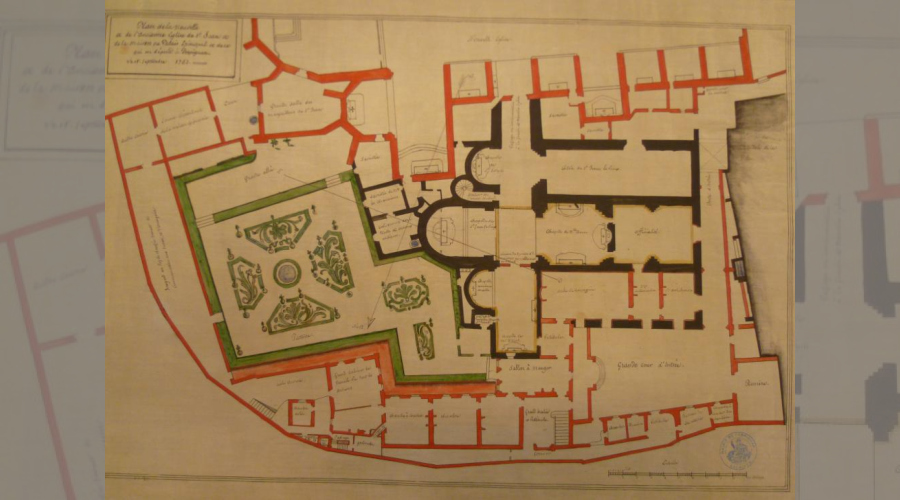 Plan d'une église à 3 nefs , du logement de l'archipretre et d'un jardin à la francaise