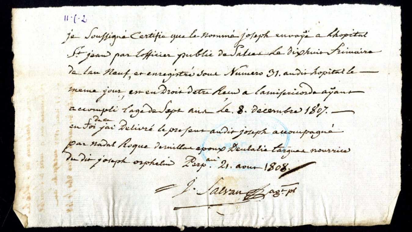 Acte de déplacement de Joseph, de l'hôpital à la Miséricorde car il est âgé de plus de 7 ans, 1808, ADPO 2HDTP741