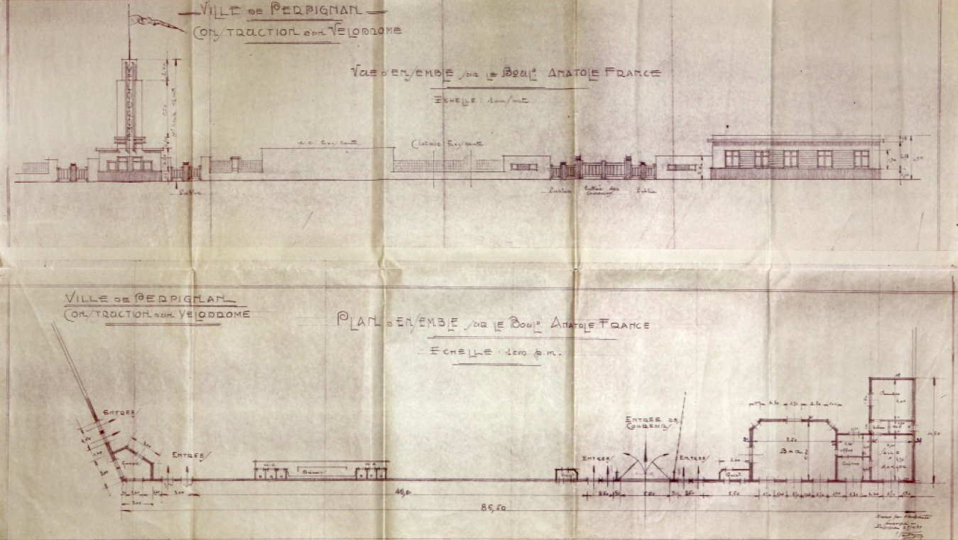 Projet du Vélodrome de Verdague, 1933. Plan et dessin de l'élévation : AVP 1M45.