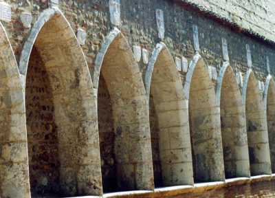 Les niches d'enfeux avec arc en ogive;blasons des familles des défunts sur les murs