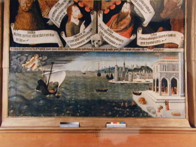 La loge mer est représentée sur ce tableau en bordure de mer symbolisant la puissance martime du royaume de Majorque