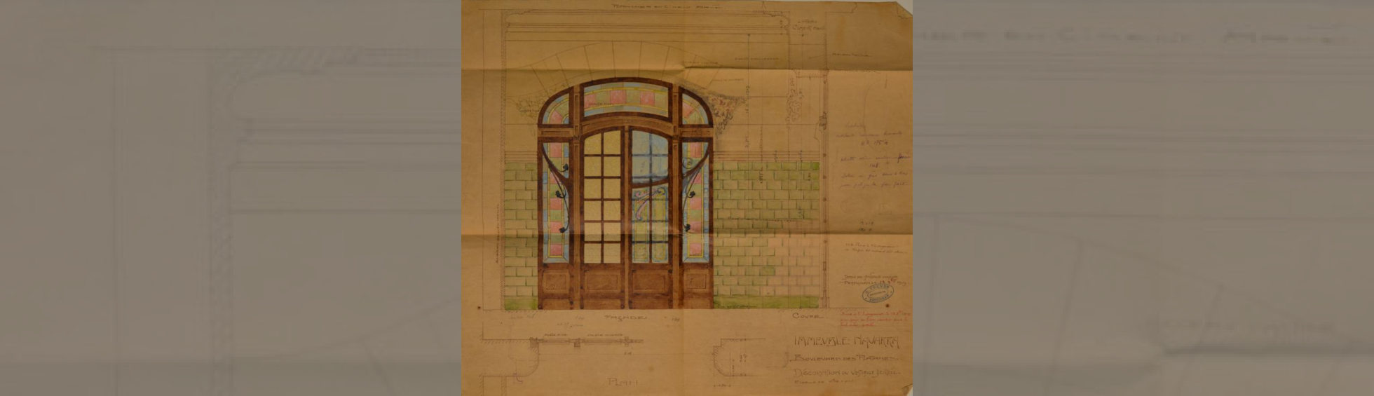 Croquis d'une porte bois à petit vitraux associée à des côtés Art nouveau avec décor de spires. 