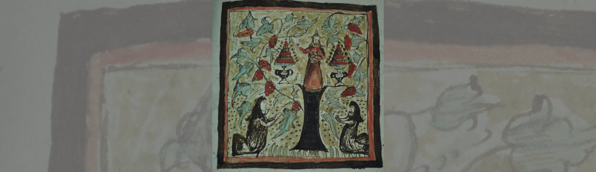 Lettre  I décorée : 2 Moniales entrain de prier au pied de Jésus monté sur la lettre I,décors de vigne avec grappes,
