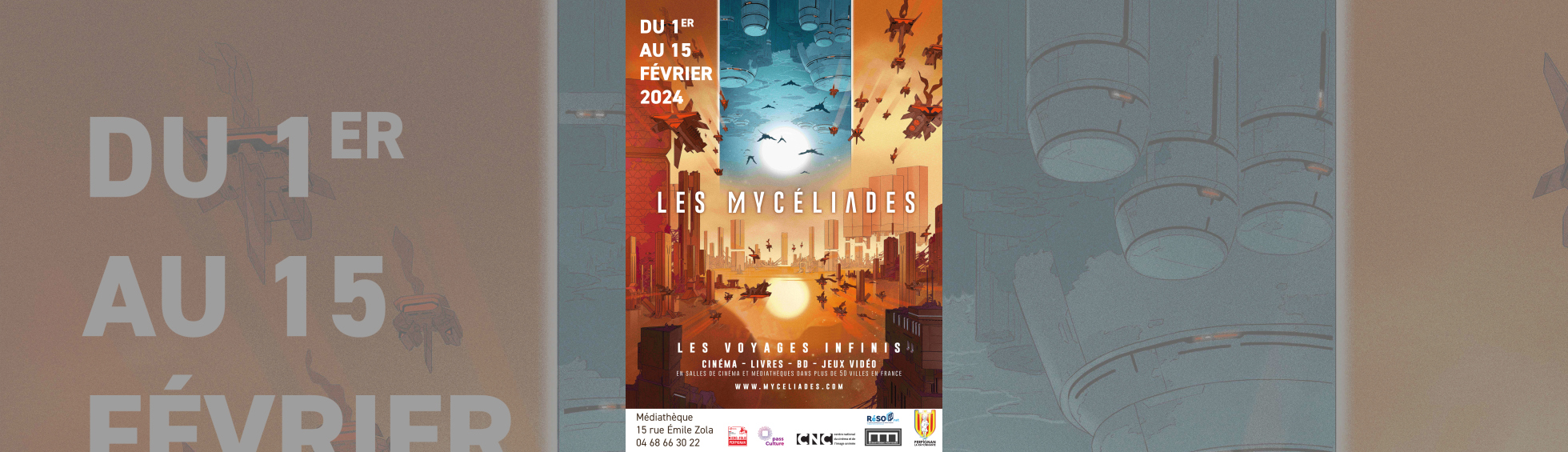  Les Mycéliades - affiche visuel d'un paysage futuriste avec vaisseaux et bâtiments futuristes