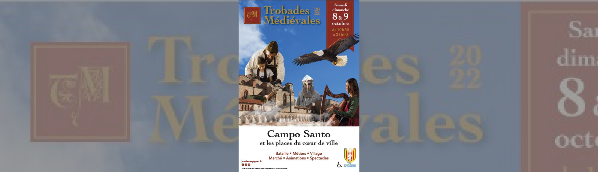 affiche Trobades Médiévales 2022 - visuel regroupant photo Campo Santo - joueuse de harpe - chevalier - artisan - faucon