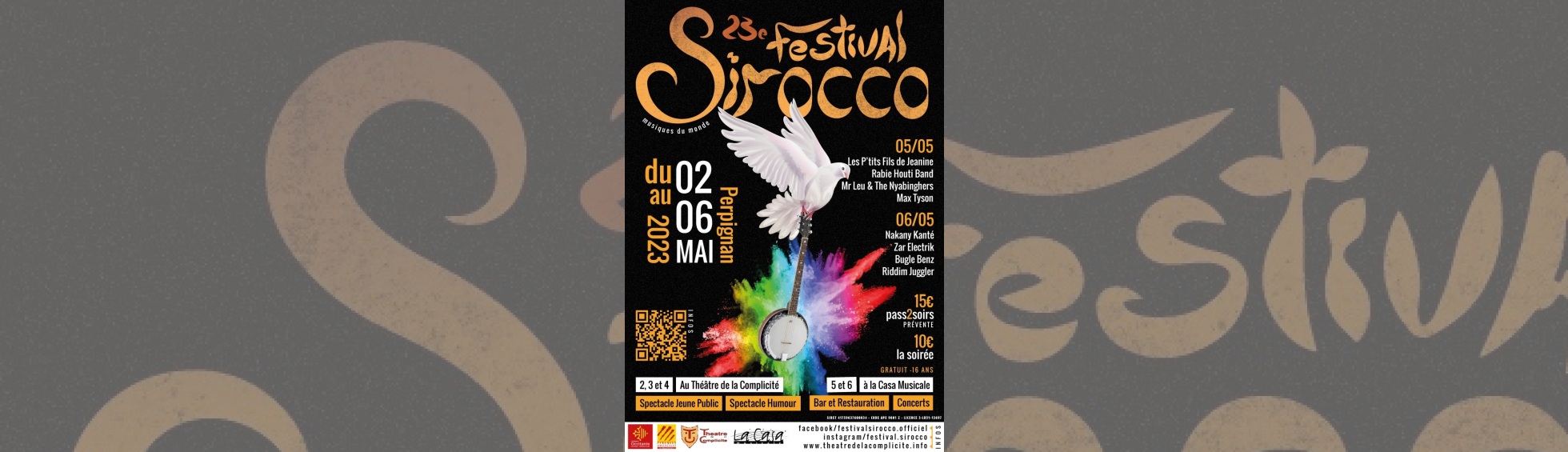 Festival Sirocco - photo d'une colombe qui vole en teant dans ses pattes une banjo