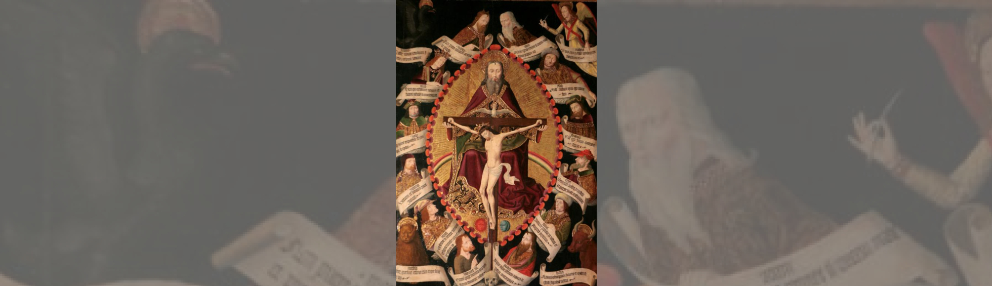 Retable de la Trinité 1489 :Dieu tient  la croix et Jesus cruxifié; la colombe de l'esprit saint posée sur le haut de la croix