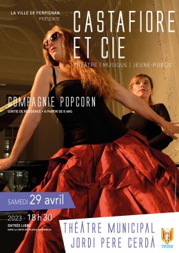 "Castafiore et cie" par la compagnie Popcorn-  affiche du spectacle- photo femme portant lunette de soleil, robe de soirée. 