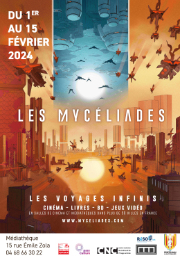  Les Mycéliades - affiche visuel d'un paysage futuriste avec vaisseaux et bâtiments futuristes
