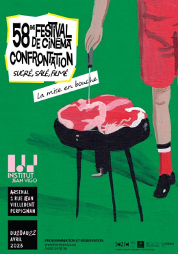 58éme Festival de cinéma confrontation - dessin un barbecue avec un morceau de viande et une main tenant une pique qui s'apprète a tourner la viande du barbecue. 