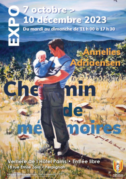affiche exposition Adriaensen - homme debout portant un enfant daans ses bras